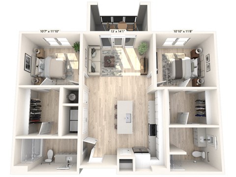 Floor plan for 2 beds, 2 baths, 981 sqft